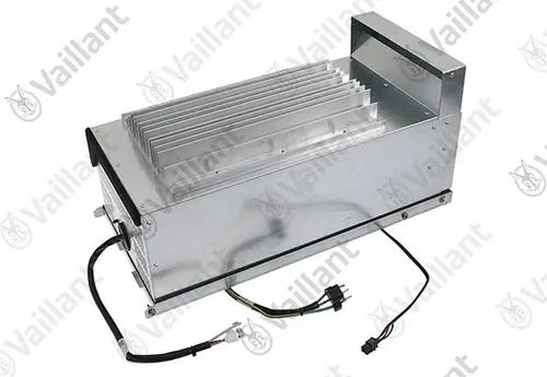 Elektronischer Regler von Vaillant mit Kühlrippen und Anschlüssen, auf einem metallischen Gehäuse montiert. Gezeigt in einer neutralen Umgebung.